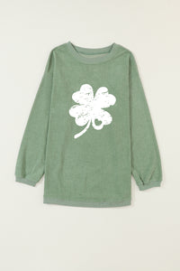 Grass Green St Patricks Corded Distressed Clover Graphic Sweatshirt