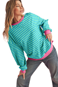 Sky Blue Stripe Contrast Edge Oversized Pullover