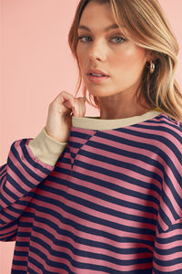 Sky Blue Stripe Contrast Edge Oversized Pullover