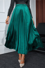 Blackish Green Satin Elastic Waist Pleated Maxi Skirt