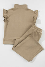 Khaki Textured Ruffle Cap Sleeve Top and Wide Leg Pants Set