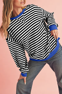 Sky Blue Stripe Contrast Edge Oversized Pullover