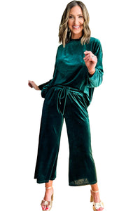 Green Velvet Long Sleeve Top & Wide Leg Pants Set
