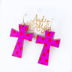 Audra Style - Cross Dangle Earring- Pink Red Dot-Religious