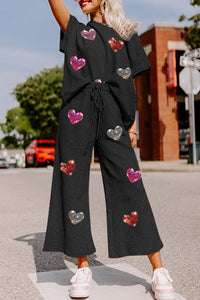 Black Heart Shape Graphic Short Sleeve Top & Drawstring Pants Set