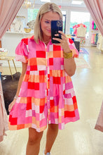 Pink Colorblock Plaid Puff Sleeve Tiered Mini Dress