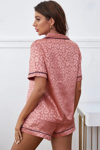 Pink Leopard Button Up Collar Neck Shirt & Shorts Lounge Set