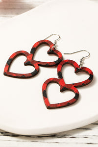 Fiery Red Valentines Day Plaid Double Love Heart Wooden Earrings
