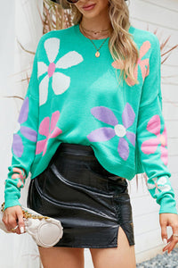 Green Floral Print Contrast Trim Round Neck Sweater