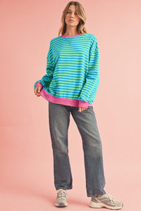 Sky Blue Stripe Contrast Edge Oversized Pullover