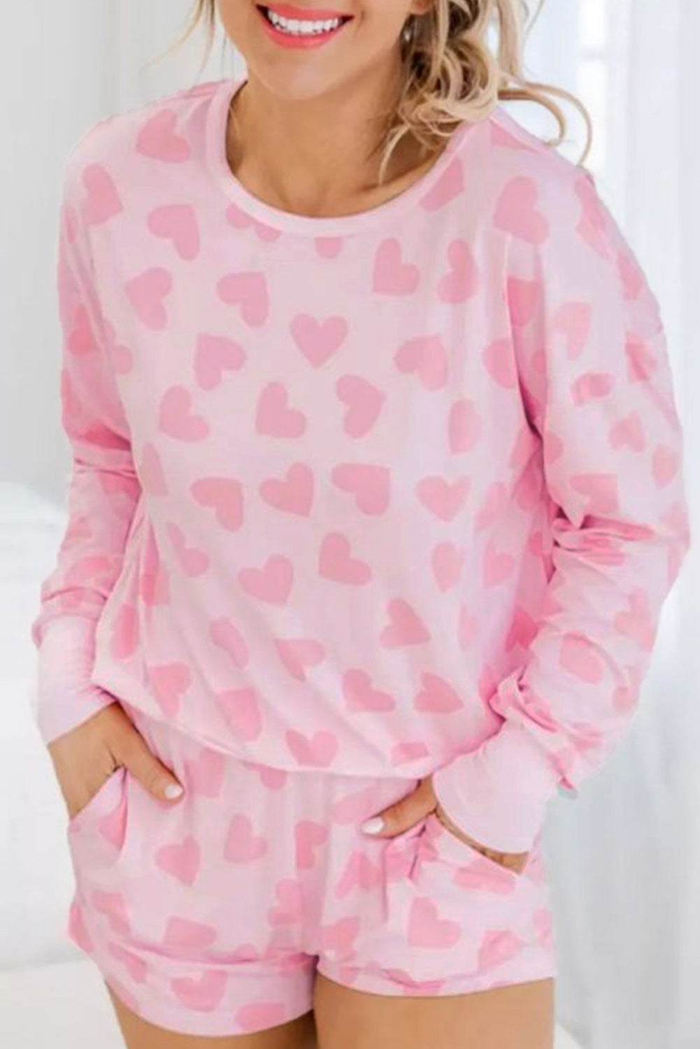 Pink Heart Print Long Sleeve Pajama Set