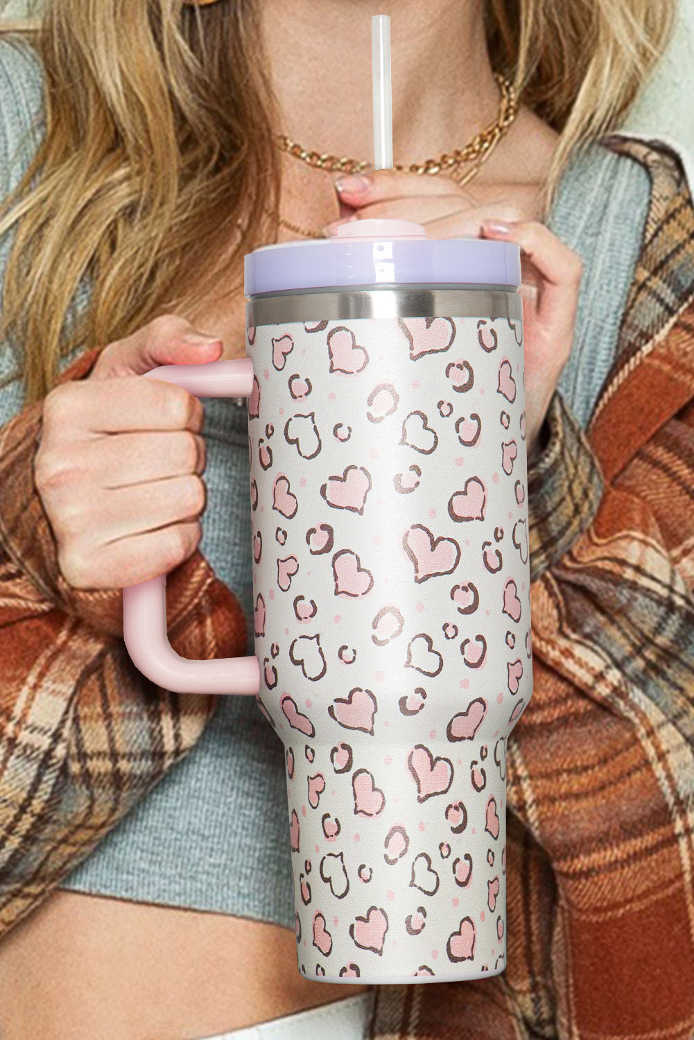 White Heart Shaped Print Handle Stainless Portable Cup