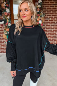 Black Contrast Stitching Split Oversized Sweatshirt