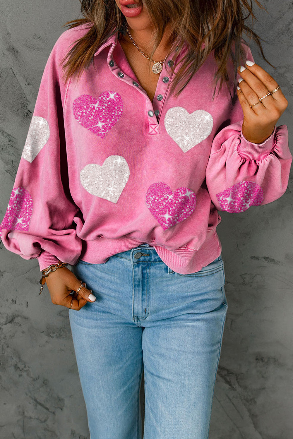 Pink Heart Sequin Print Henley Puff Sleeve Graphic Sweatshirt