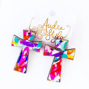 Audra Style - Cross Dangle Earring- Abstract Print-Religious