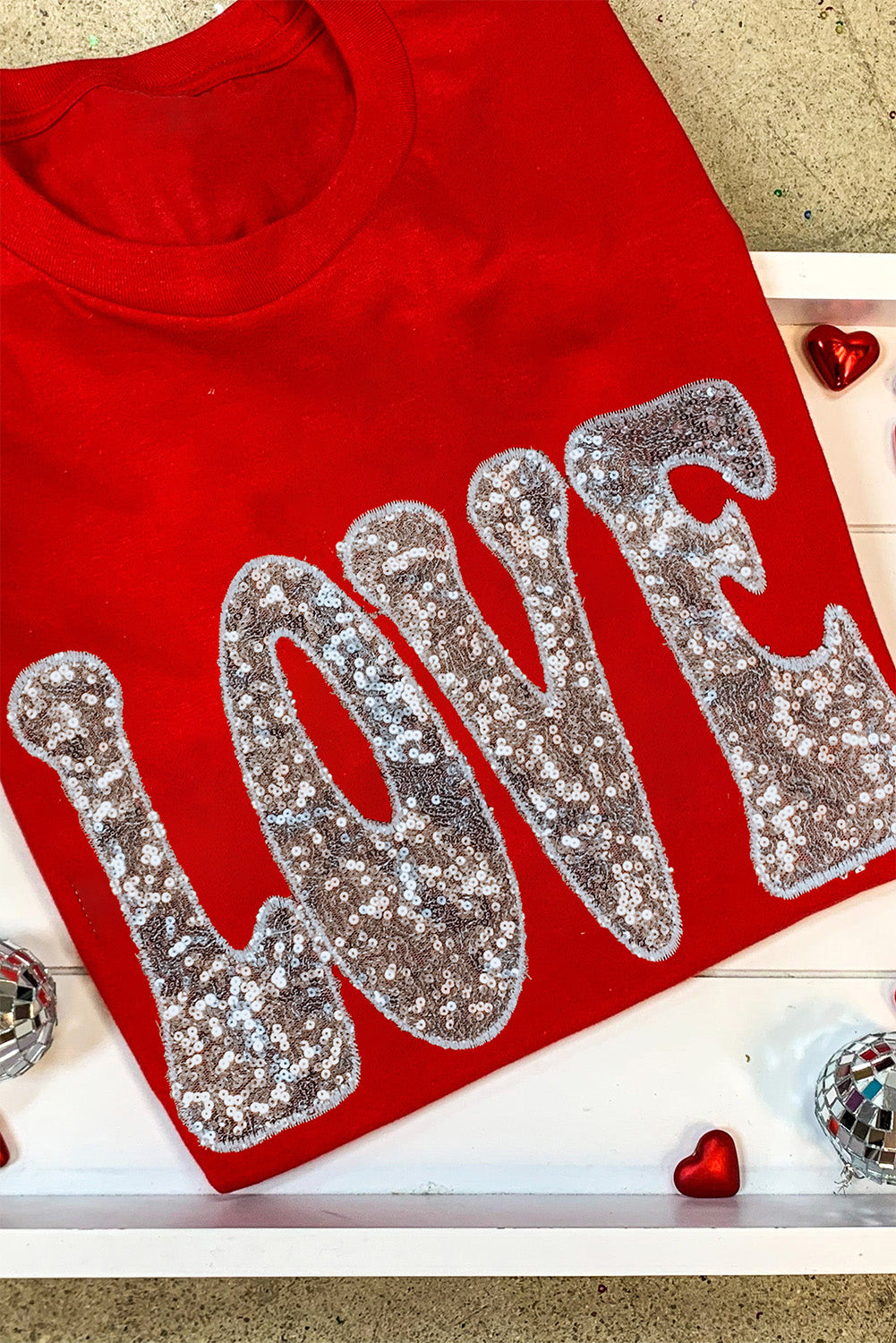 Red Valentine Sequined LOVE Letter Graphic Tee
