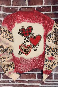 Red Bleached Leopard Heart Shaped Graphic Sweatshirt