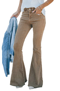Khaki Basic Raw Hem High Waist Flare Jeans