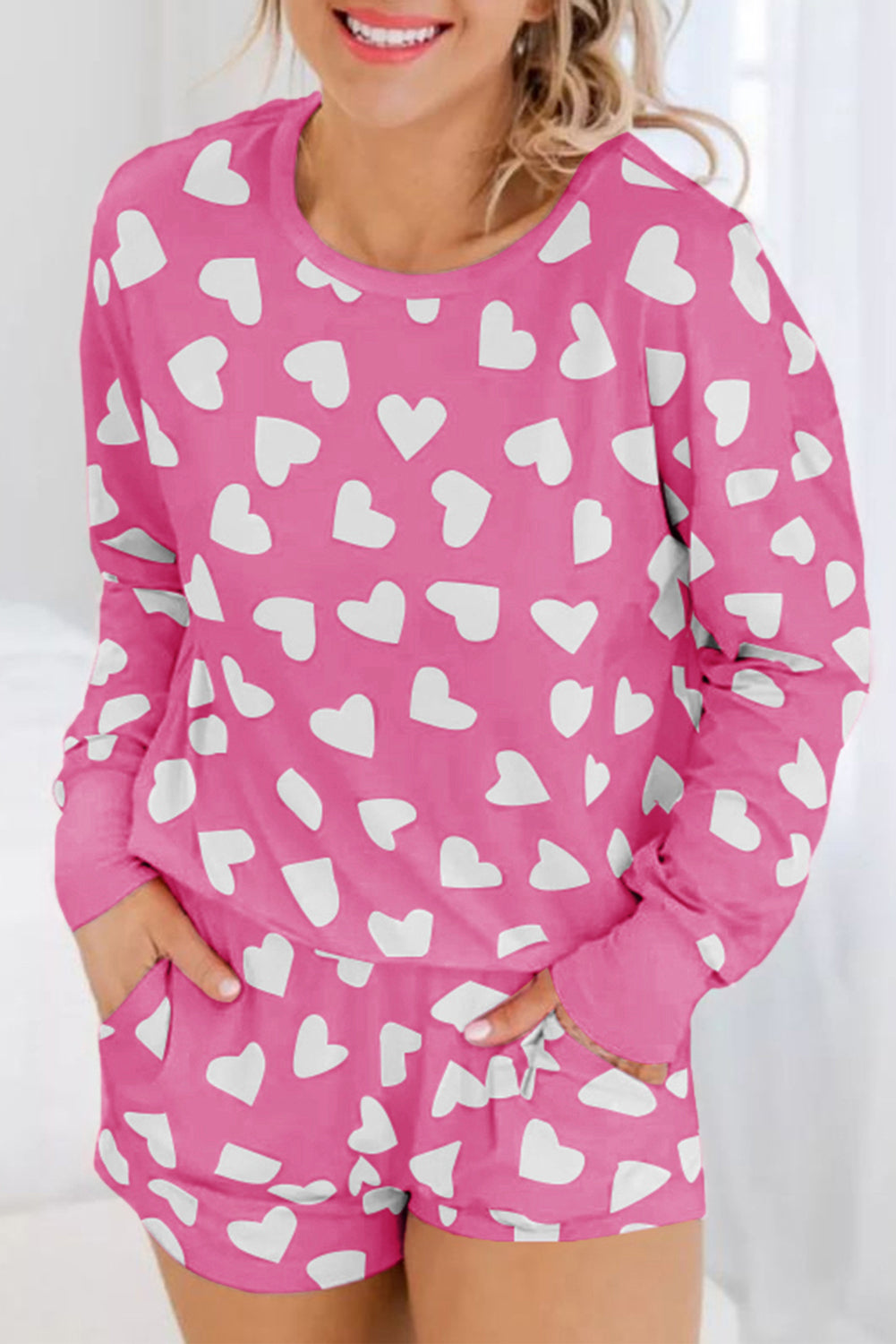 Pink Heart Print Long Sleeve Pajama Set