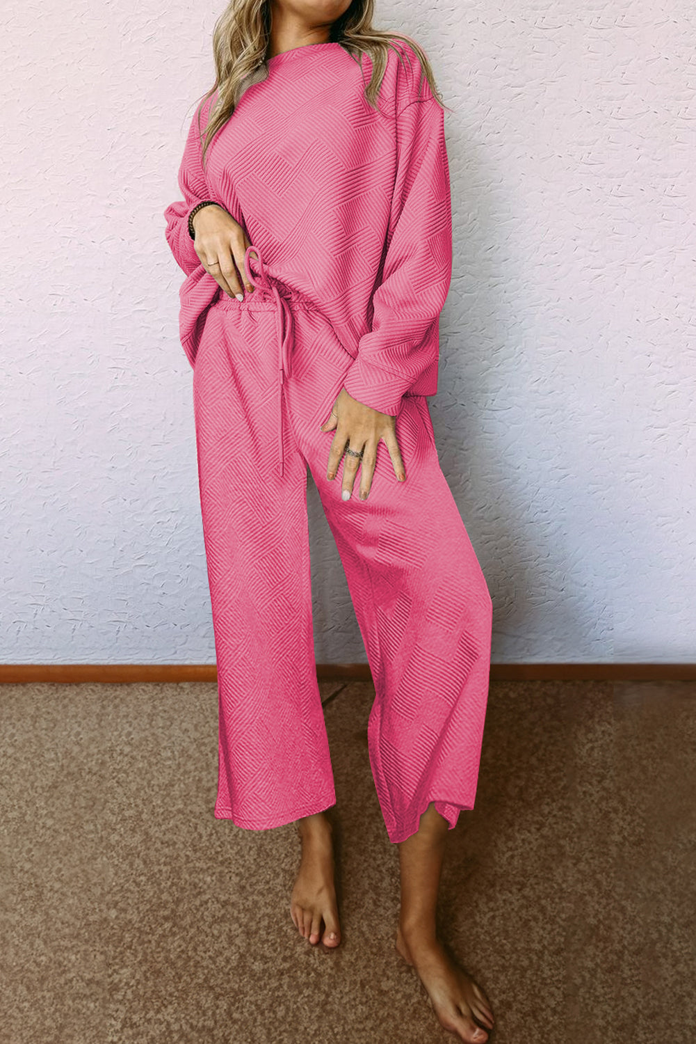 Strawberry Pink Textured Loose Slouchy Long Sleeve Top and Pants Set