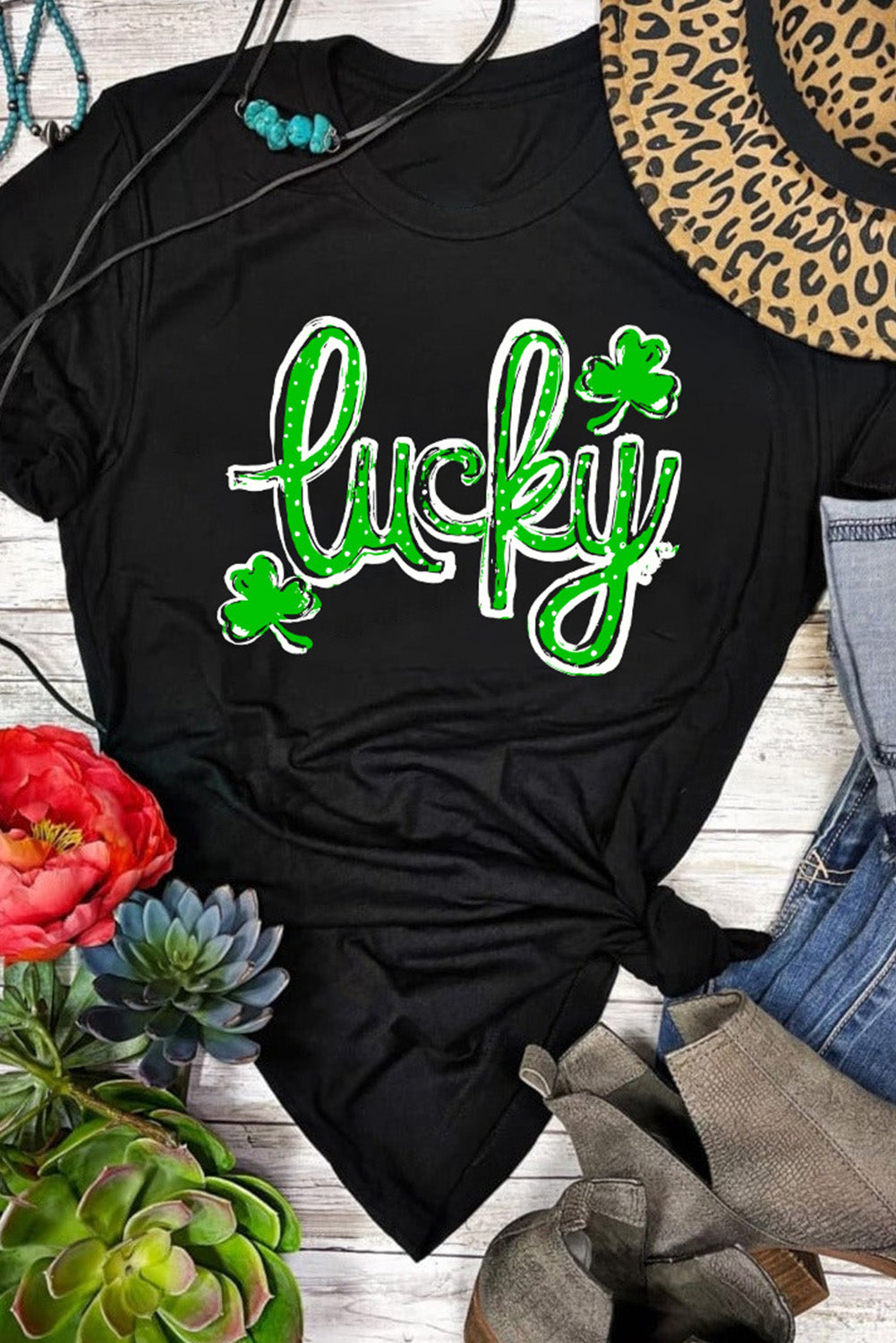 Black St. Patricks Lucky Clover Print O Neck T Shirt