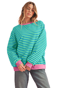 Sky Blue Stripe Contrast Edge Oversized Pullover