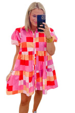 Pink Colorblock Plaid Puff Sleeve Tiered Mini Dress