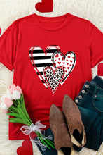 Red Leopard Striped Heart Print Graphic Crew Neck T Shirt