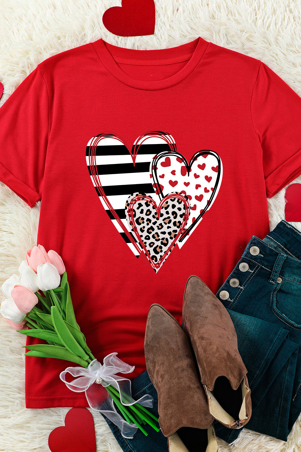 Red Leopard Striped Heart Print Graphic Crew Neck T Shirt