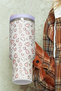 White Heart Shaped Print Handle Stainless Portable Cup