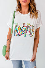 White Love Heart Shape Graffiti Round Neck Graphic Tee