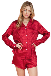 Red Leopard Satin Long Sleeve Top & Shorts Loungewear Set