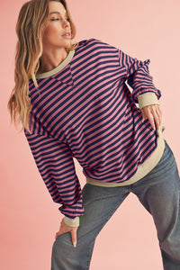 Sky Blue Stripe Contrast Edge Oversized Pullover