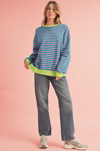 Sky Blue Stripe Contrast Edge Oversized Pullover