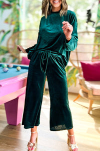 Green Velvet Long Sleeve Top & Wide Leg Pants Set