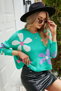 Green Floral Print Contrast Trim Round Neck Sweater
