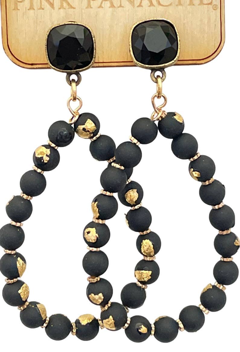 1CNC B132 * Black with gold fleck bead teardrop earring on 10mm bronze/black cushion cut post