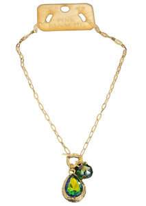 1CNC P092 * Gold paperclip toggle front chain necklace with gold framed green AB teardrop and bead