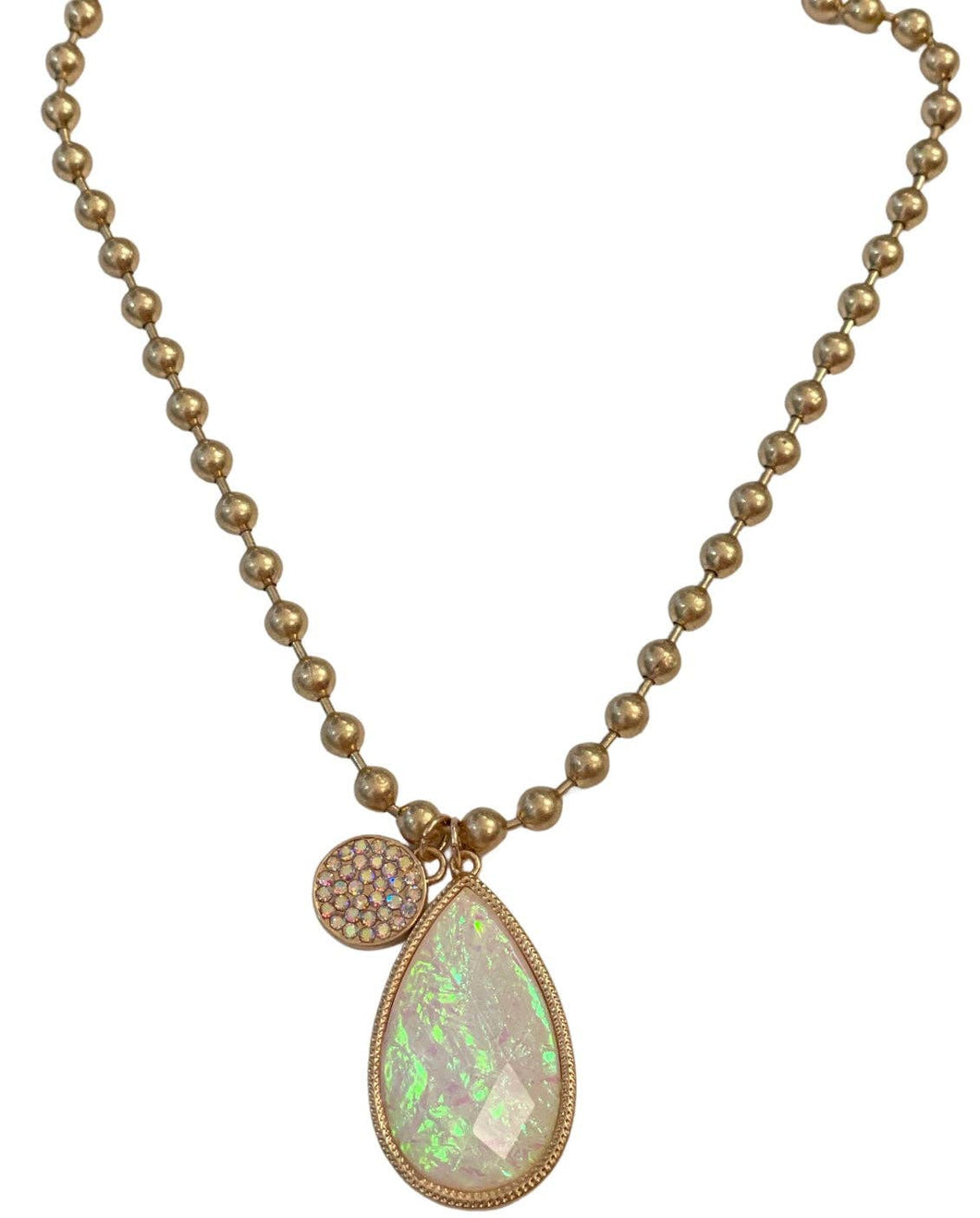 1CNC A274 * Gold ball chain necklace with irridescent acrylic teardrop and AB pave circle charm